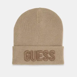 Детска плетена шапка Guess в бежов цвят с голямо релефно лого отпред