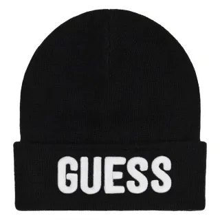 Детска плетена шапка Guess в черен цвят с голямо бяло лого отпред
