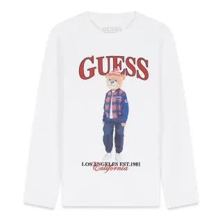 Детска памучна блуза с дълъг ръкав Guess Bear – бяла с мече