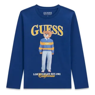 Детска памучна блуза с дълъг ръкав Guess Bear – кралско синя с мече