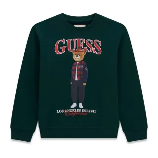Детска памучна блуза Guess Bear – тъмнозелена с мече