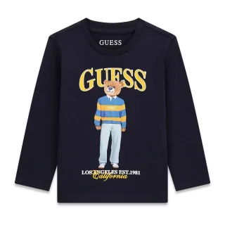Детска памучна блуза с дълъг ръкав Guess Bear – тъмносиня с мече в жълто-синьо райе