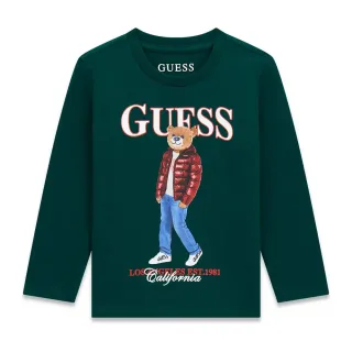 Детска памучна блуза с дълъг ръкав Guess Bear – тъмнозелена с мече в пухено яке