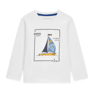 Бяла детска блуза GUESS с дълъг ръкав и морска щампа с платноходка