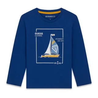 Синя детска блуза GUESS с дълъг ръкав и морска щампа с платноходка