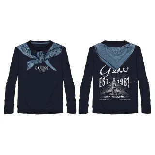 Детска памучна блуза с дълъг ръкав Guess Bandana & Lighthouse – тъмносиня с двустранен принт
