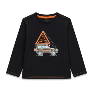 Детска памучна блуза с дълъг ръкав Guess Off-Road – черна с оранжеви детайли