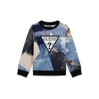 Детска памучна блуза Guess Geometric Triangle – синьо-бял абстрактен принт