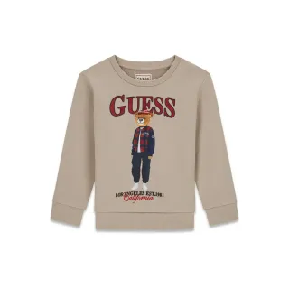 Детска памучна блуза Guess Bear – бежова с мече в карирано яке