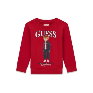 Детска памучна блуза Guess Bear – наситено червена с мече в карирано яке