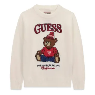 Плетен детски пуловер GUESS с мече и лого в цвят екрю 