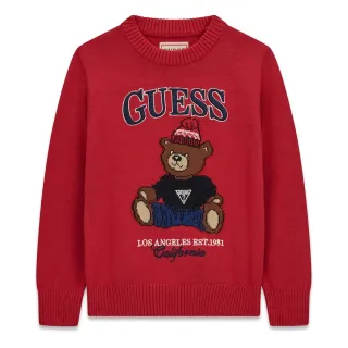 Червен детски плетен пуловер GUESS с мече и лого 