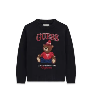 Тъмно син детски плетен пуловер GUESS с мече и лого