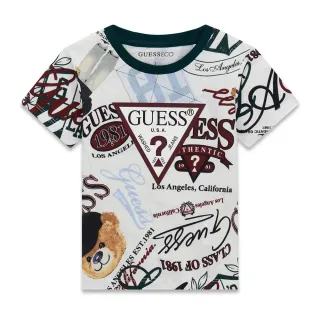 Бяла тениска за мини момче с цветни надписи и лого Guess в бордо цвят