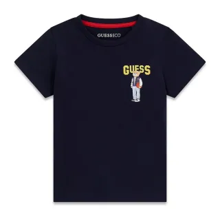 Тъмносиня тениска за мини момче с жълт надпис Guess и малко мече
