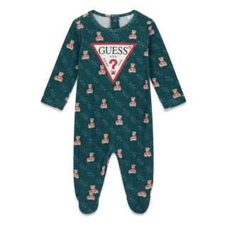 Бебешки памучен гащеризон Guess Bear Monogram – петролено зелен с цялостен принт и голямо лого