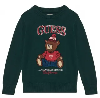 Тъмнозелен детски плетен пуловер GUESS с мече и лого